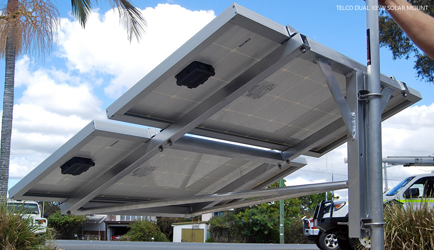 under-side view of telco solar mount for two 105 watt panels