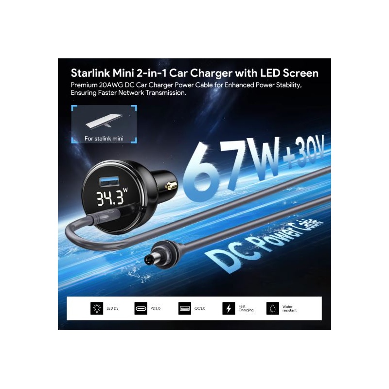 Starlink Mini 100W 2-in-1 Car Charger with 5M Type-C to DC Cable